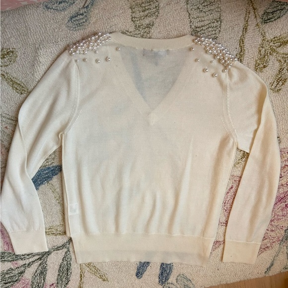 SANTICLER JULIA V-NECK PULLOVER WITH PEARL BEADING IN CREAM Sz 1 - Picture 6 of 9